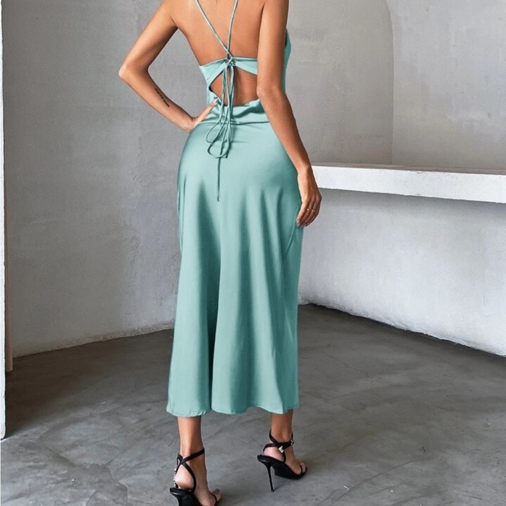 Baby Blue Spaghetti Strap Maxi Slip Satin Dress - Picture 2 of 4